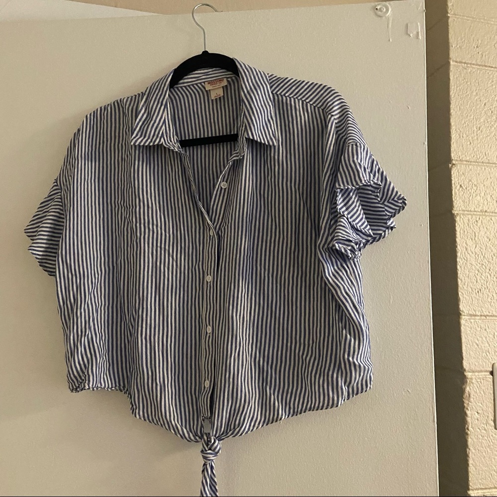 Short sleeve button down tie front top
